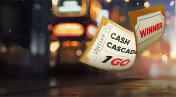 Лотерейный билет с надписью Cash Cascade и Winner от Kush Casino, подчеркнутый огнями большого города